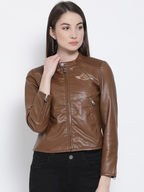 

Justanned Women Tan Brown Solid Biker Jacket