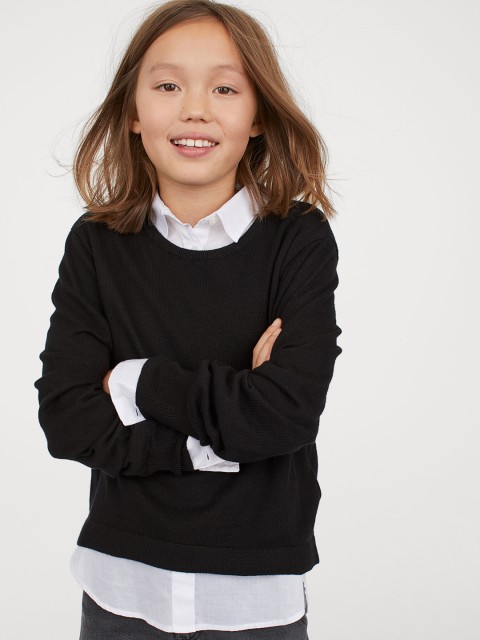 

H&M Girls Black Solid Fine-Knit Jumper