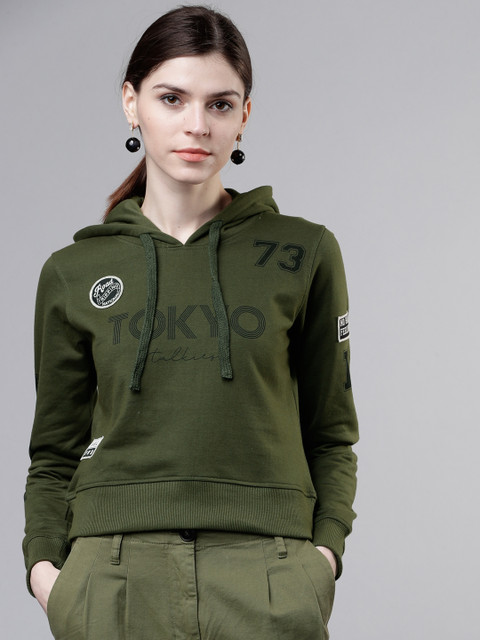 

Tokyo Talkies Women Green Printed Hooded Sweatshirt