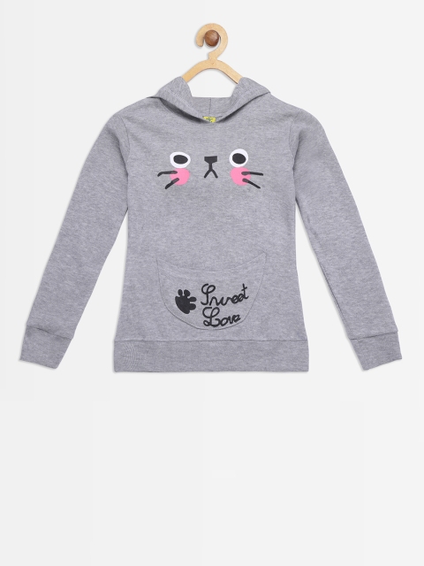 

Punkster Girls Grey Melange Printed Hooded Sweatshirt