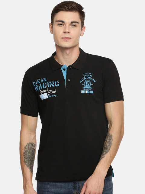 

ACTIMAXX Men Black & Blue Printed Slim Fit Polo Collar T-shirt