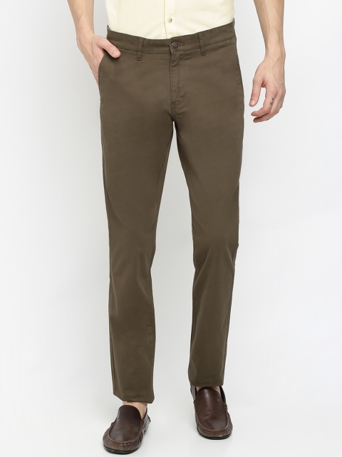 

Crocodile Men Olive Brown Solid Slim Fit Regular Trousers