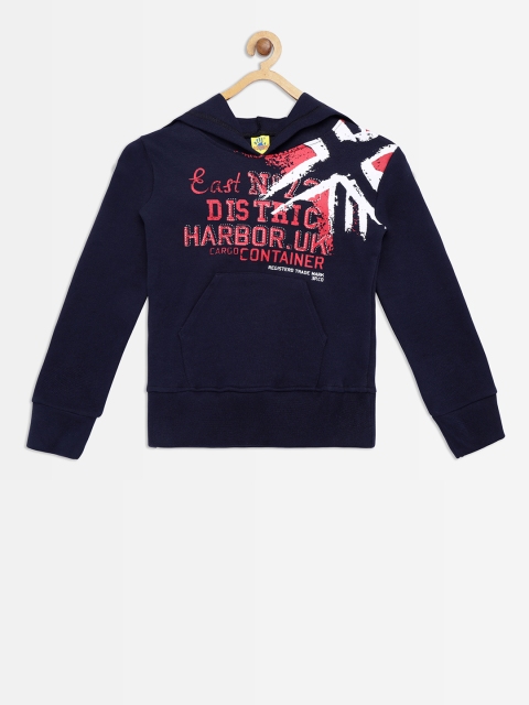

Punkster Boys Navy Blue Printed Hooded Sweatshirt