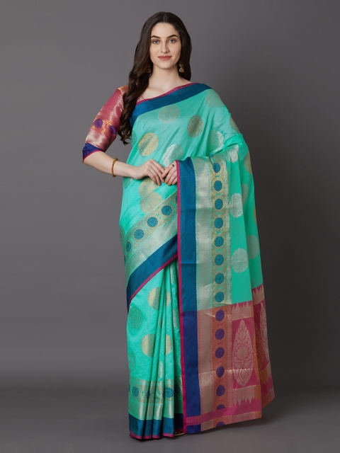 

Mitera Sea Green & Pink Silk Blend Woven Design Banarasi Saree