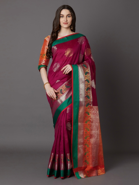 

Mitera Magenta & Orange Silk Blend Woven Design Banarasi Saree