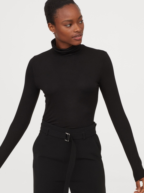 

H&M Women Black Jersey Polo-Neck Top