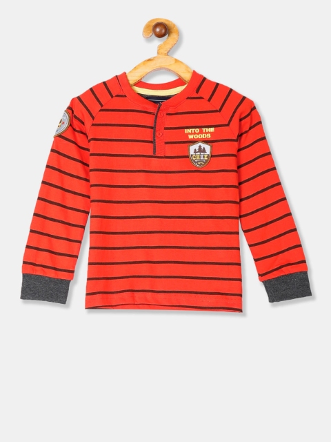 

Cherokee Boys Orange & Black Striped Henley Neck T-shirt
