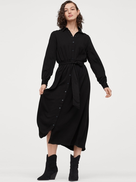 

H&M Women Black Solid Shirt Dress With A Tie Belt