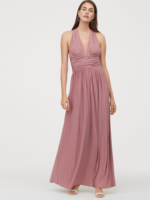 

H&M Women Pink Solid Pleated Maxi Dress