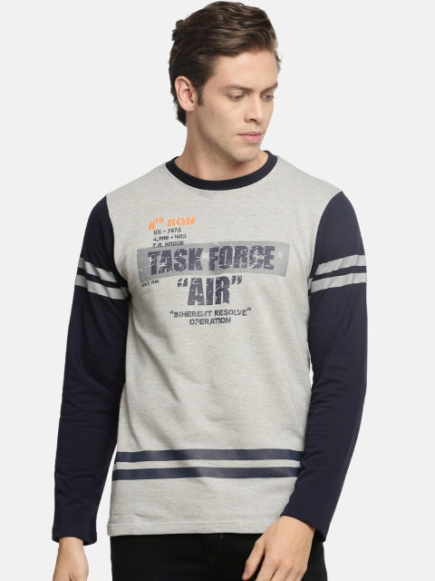 

ACTIMAXX Men Grey Melange & Navy Blue Printed Round Neck T-shirt