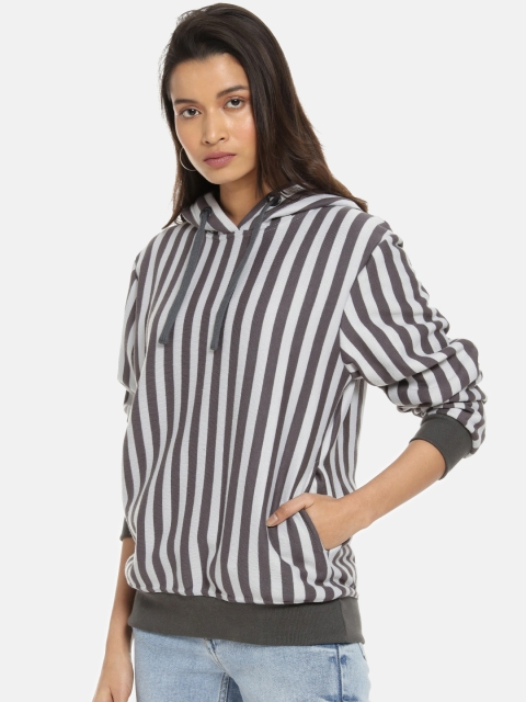 

Campus Sutra Women White & Grey Striped Hooded Sweatshirt