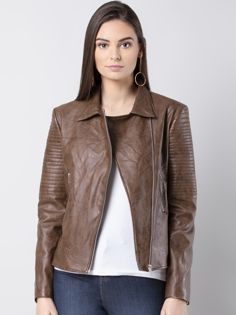 

FabAlley Women Brown Solid Leather Biker Jacket