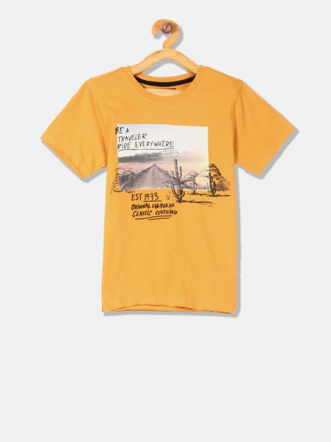 Cherokee Boys Mustard Yellow Printed Round Neck T-shirt