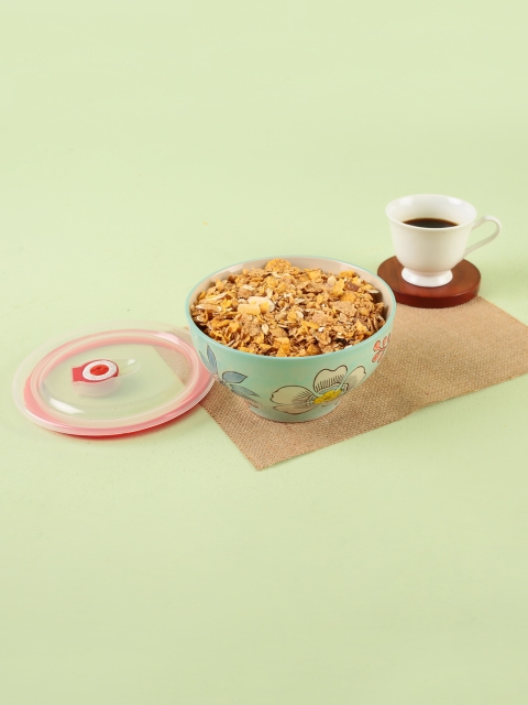 

Chumbak GreenGreen & Beige Printed Ceramic Bowls with Air Tight Lid 450ml, Green