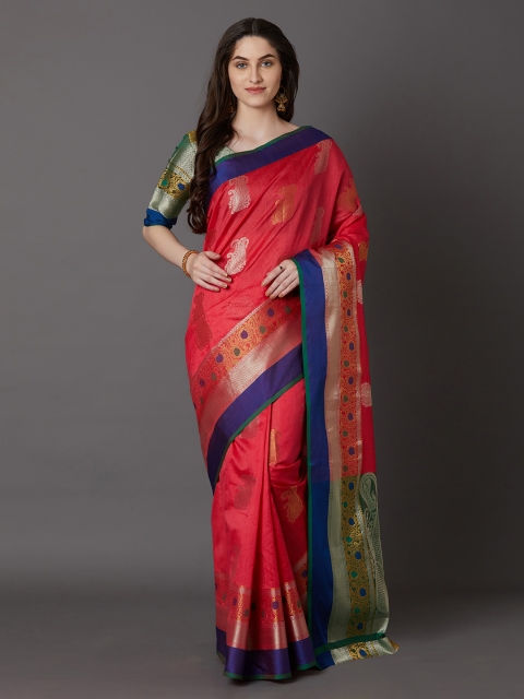 

Mitera Coral Pink & Green Silk Blend Woven Design Banarasi Saree