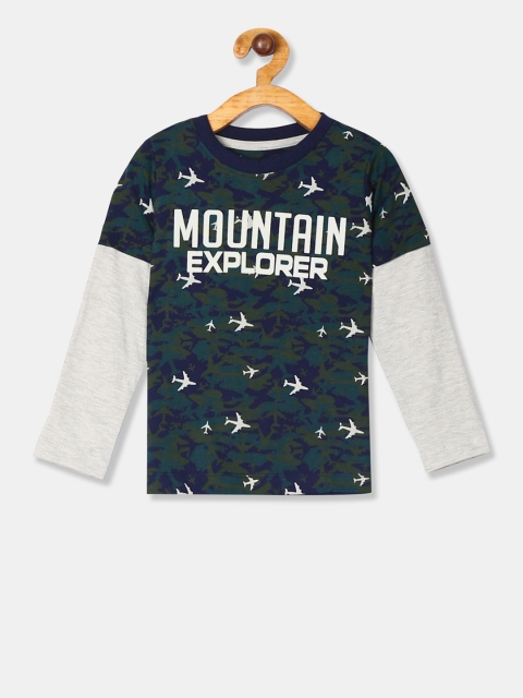 

Cherokee Boys Olive Green & Navy Blue Printed Round Neck T-shirt