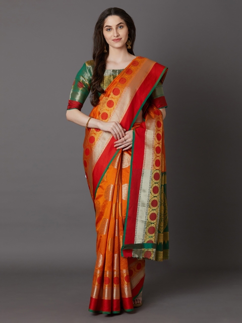 

Mitera Orange & Red Silk Blend Woven Design Banarasi Saree