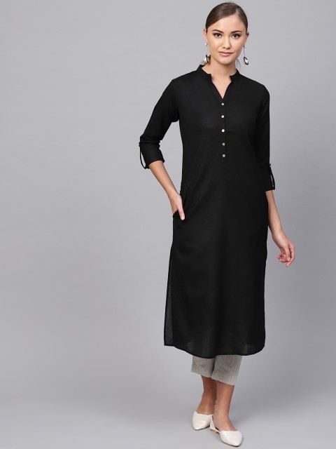 

Indo Era Women Black Solid Straight Kurta