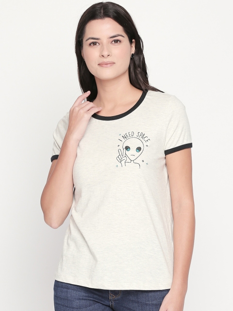 

Honey by Pantaloons Women Cream-Coloured Printed Round Neck T-shirt