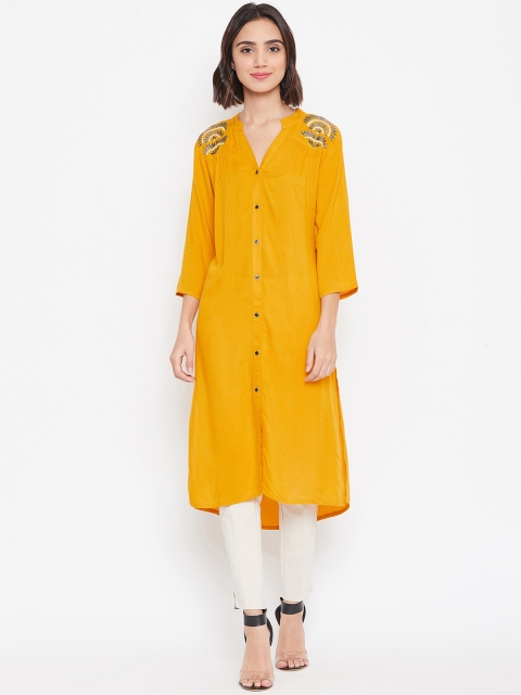 

Ruhaans Women Mustard Yellow Solid Straight Kurta