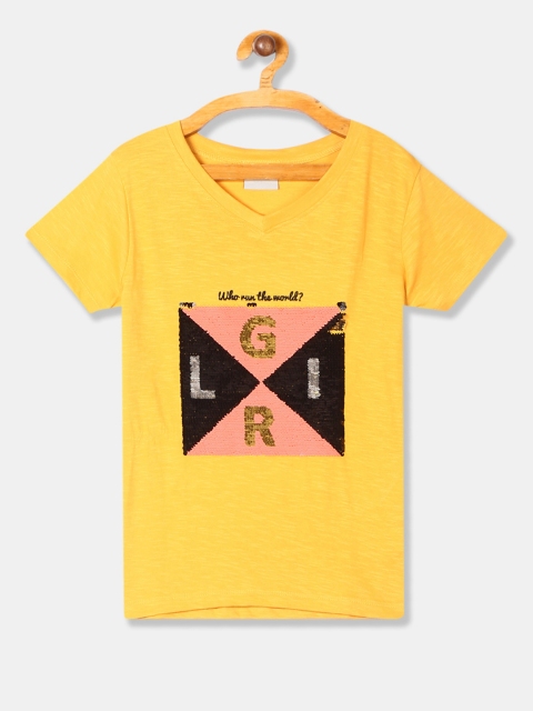 

Cherokee Girls Yellow Flip Sequinned V-Neck T-shirt