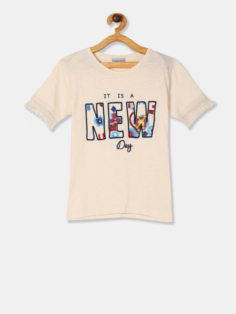 

Cherokee Girls Beige Embellished Round Neck T-shirt