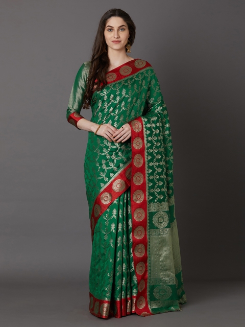

Mitera Green & Red Silk Blend Woven Design Banarasi Saree