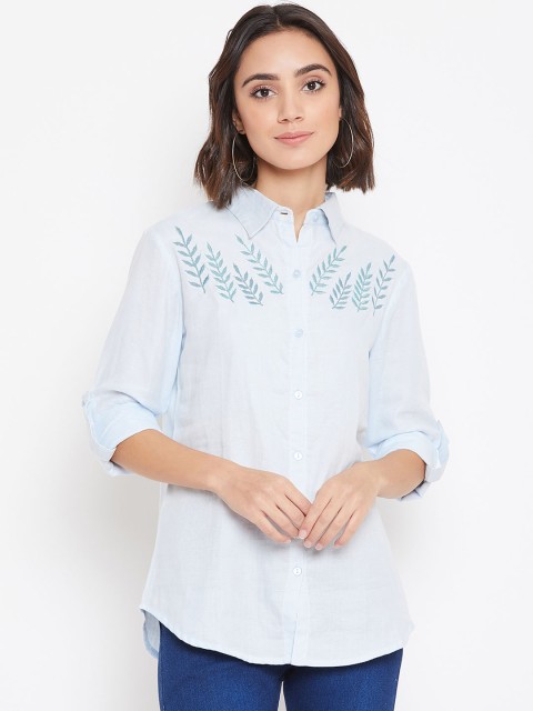 

Ruhaans Women Blue Embroidered Classic Regular Fit Solid Casual Shirt