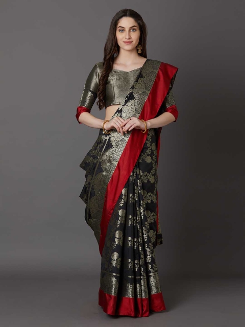 

Mitera Black & Red Silk Blend Woven Design Banarasi Saree