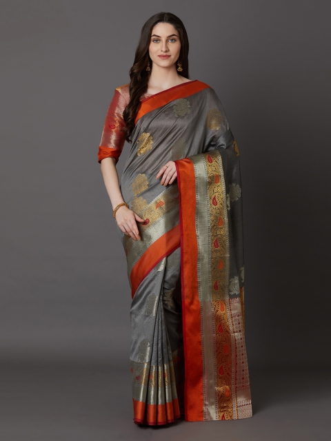 

Mitera Grey & Red Silk Blend Woven Design Banarasi Saree