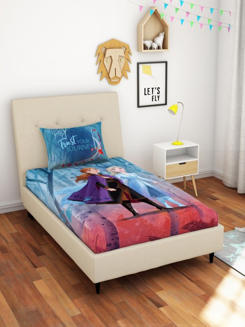 

SPACES Blue & Brown Frozen 2 Cartoon Characters 180 TC Single Bedsheet & Pillow Cover