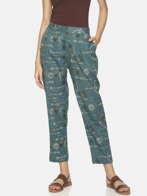 

NAKSHORA Women Teal Green Tapered Fit Printed Regular Trousers