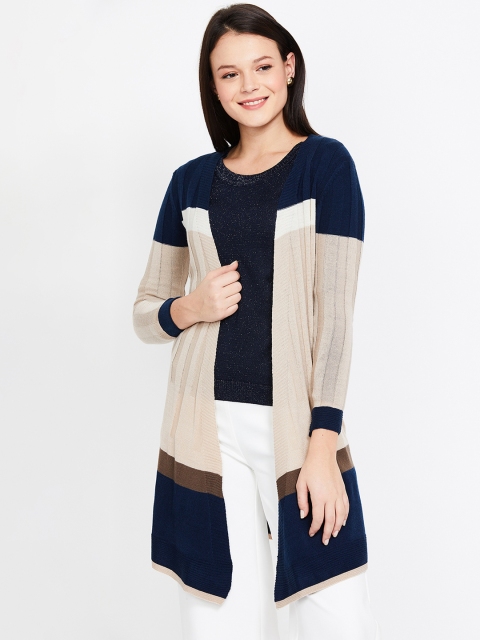 

Bossini Women Beige & Navy Blue Colourblocked Open Front Shrug
