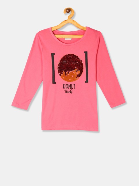 

Cherokee Girls Pink Flip Sequinned Round Neck Pure Cotton T-shirt