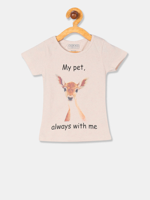 

Cherokee Girls Peach-Coloured Printed Round Neck T-shirt