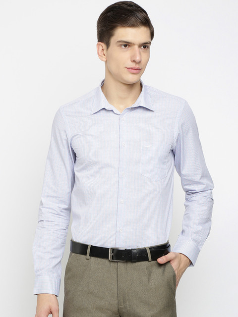 

Crocodile Men White & Blue Slim Fit Checked Formal Shirt