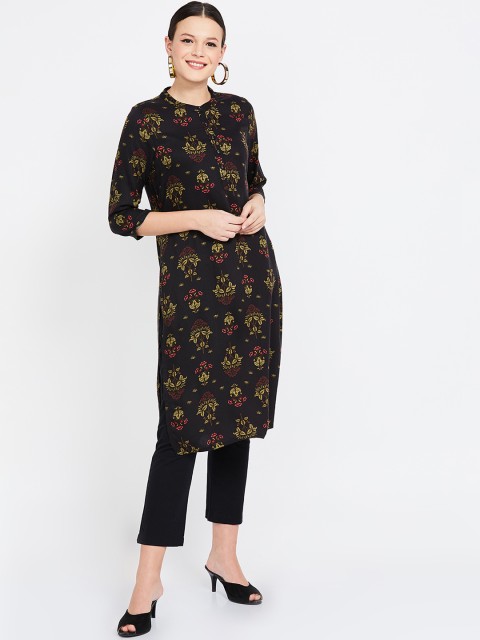 

Melange by Lifestyle Women Black & Olive Green Printed Straight Kurta