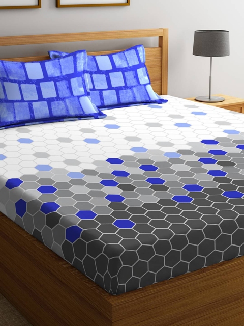 

STELLAR HOME Blue & White Geometric 104 TC Cotton 1 Queen Bedsheet with 2 Pillow Covers