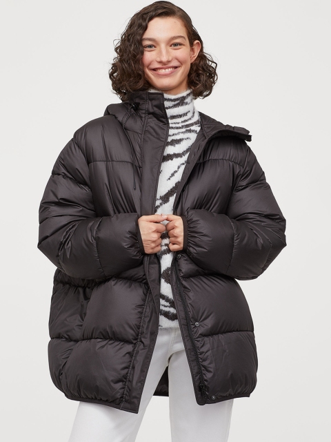

H&M Women Black Solid Padded Hooded Jacket