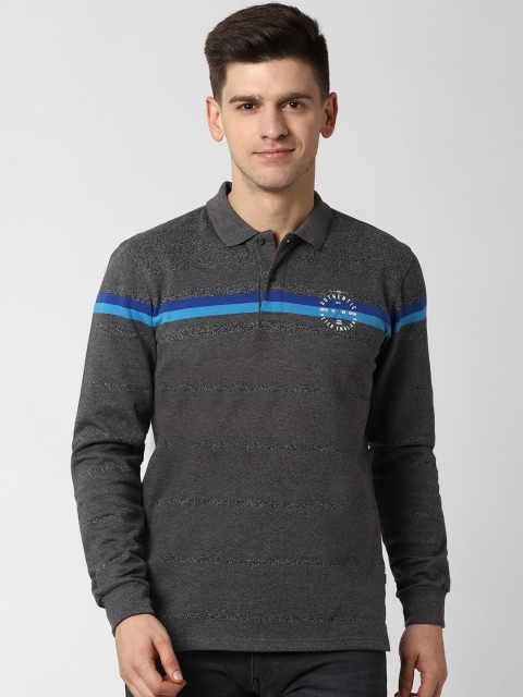

Peter England Casuals Men Grey Striped Polo Collar T-shirt