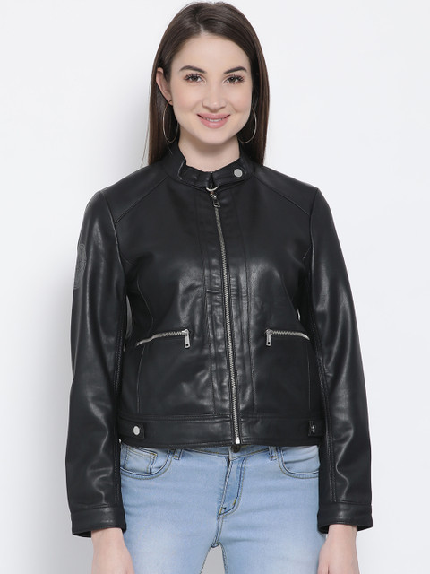 

Justanned Women Black Solid Biker Jacket