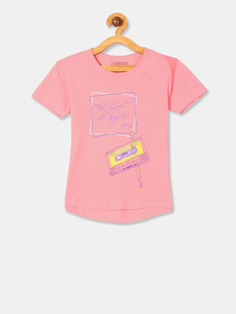 

Cherokee Girls Peach-Coloured Printed Round Neck T-shirt