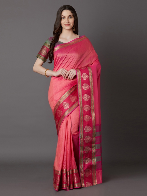 

Mitera Pink Silk Blend Solid Banarasi Saree