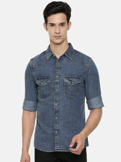 

IMYOUNG Men Blue Slim Fit Faded Casual Denim Shirt
