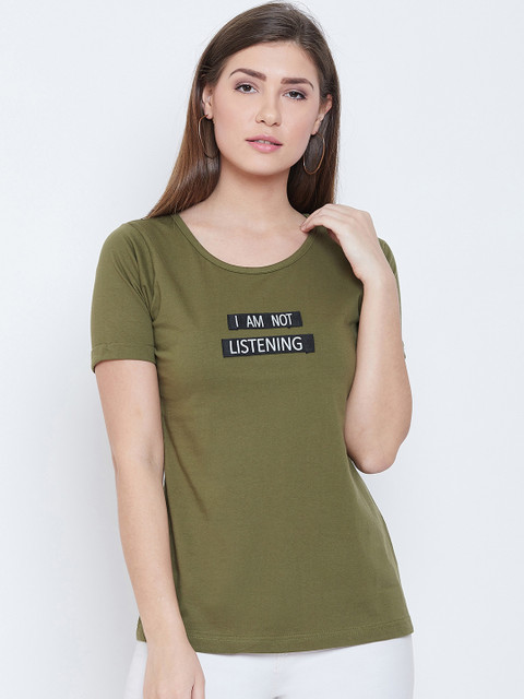 

CHROME & CORAL Women Olive Green Printed Round Neck T-shirt