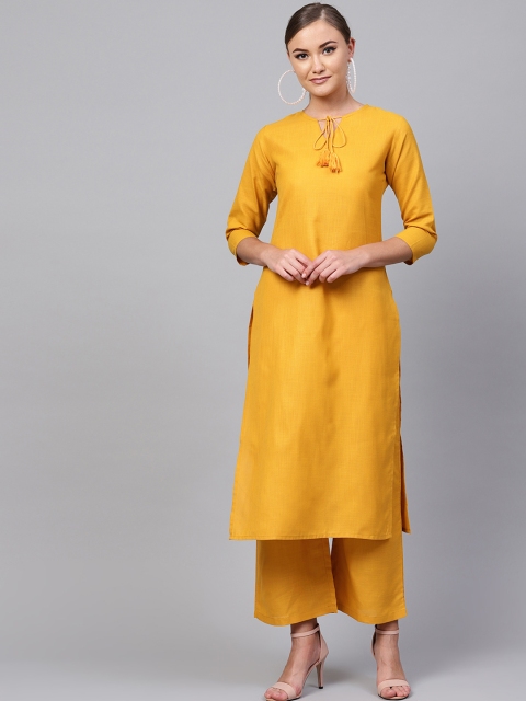 

Indo Era Women Mustard Yellow Solid Straight Kurta