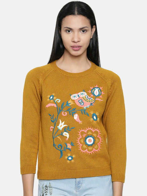 

Chumbak Women Mustard Self Design Pullover Sweater