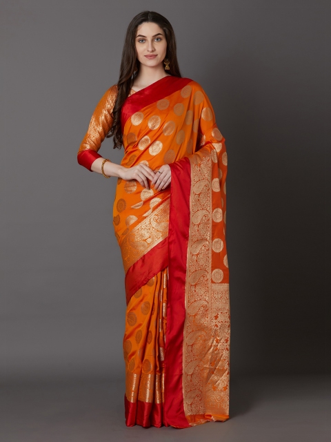 

Mitera Mustard & Red Silk Blend Woven Design Banarasi Saree