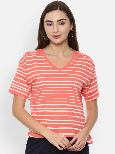 Van Heusen Woman Coral & White Striped V-Neck T-shirt