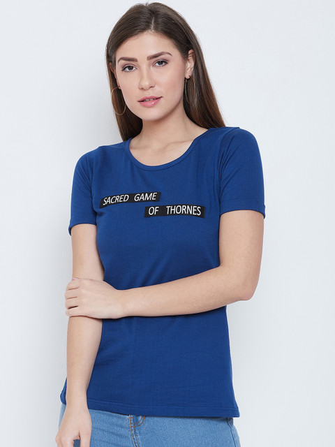 

CHROME & CORAL Women Blue Printed Round Neck T-shirt